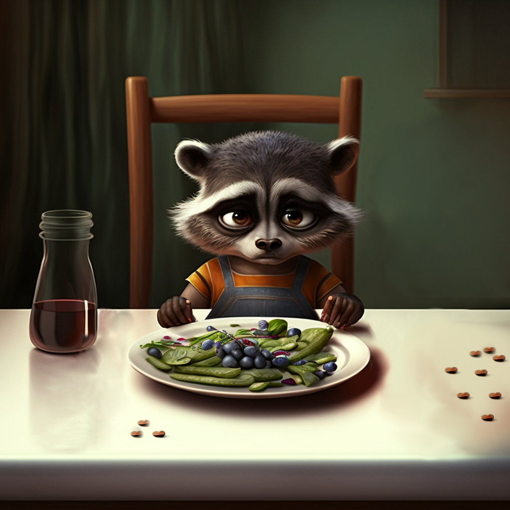 Cartoon raccoon pouting over a plate of vegetables